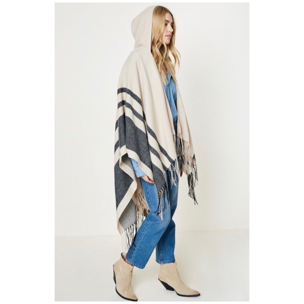 SOLD OUT Cream Hooded Fringe Striped Sweater Shawl - Picture 2 of 2